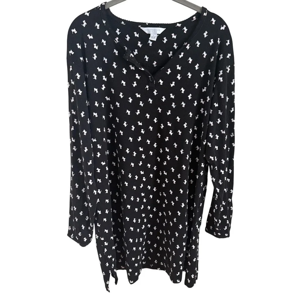 Charter Club 100% Cotton Scottie Dog Sleep Shirt Black White Henley Large - Picture 3 of 6